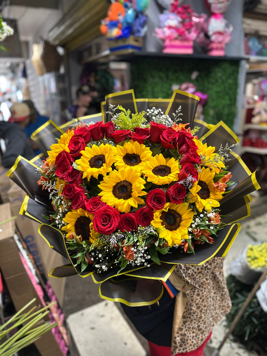 Ramo de corazón rojo y girasoles