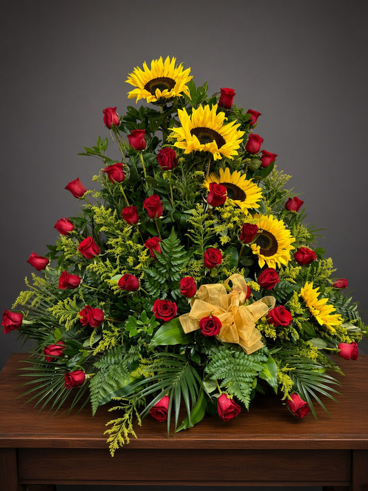 arreglo en triangulo de girasoles y 50 rosas